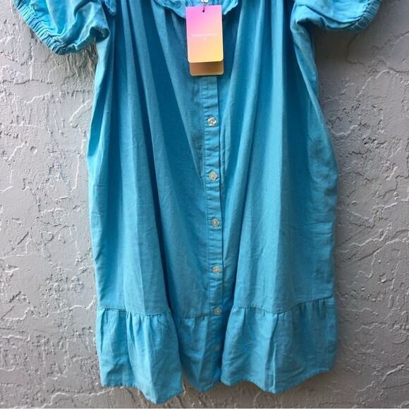 STONEY CLOVER LANE Blue Linen Ruffle Button Down Shirt Dress Size 1X - Picture 4 of 10